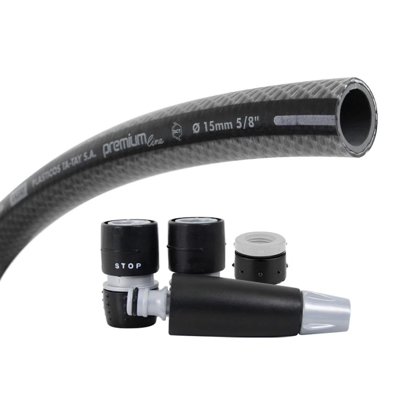 TATAY set Premium Hose, in a 15m roll, made of PVC with double mesh and great resistance to pressure. NTS plus system, anti-twist, with complete watering set, soft touch and anti-UV properties