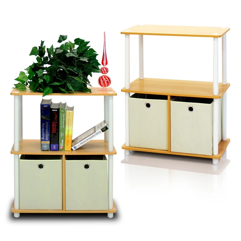 Furinno TURN-N-TUBE Storage Shelves Set of 2, 3-Tier Toolless Book Shelf with Storage Bins, Display Shelf, for Organization and Storage, Living Room, Garage, Home Office, Beech
