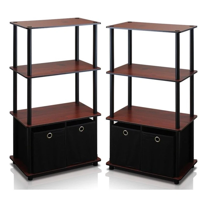 Furinno GO GREEN Storage Shelf Set of 2, 4-Tier Storage Rack with Bins, Book Shelf, Display Rack, with Storage Bins, for Organization and Storage, Living Room, Home Office, Dark Cherry