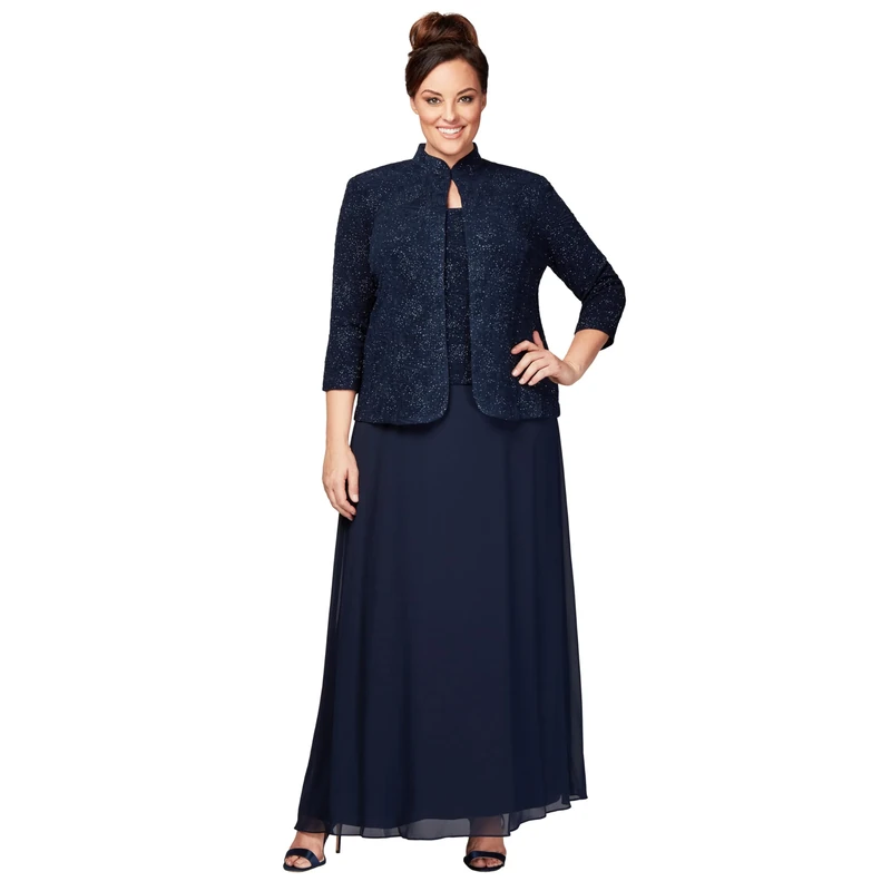 Alex Evenings Women's Long Dress with Mandarin Neckline Jacket (Regular Petite Plus) Special Occasion, Navy, 24