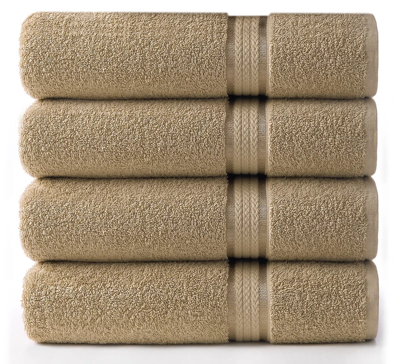 COTTON CRAFT -Ultra Soft 4 Pack Bath Towels -76x137 - Linen - 100% Pure Ringspun Cotton - Luxurious Rayon trim - Ideal for everyday use - Easy care machine wash