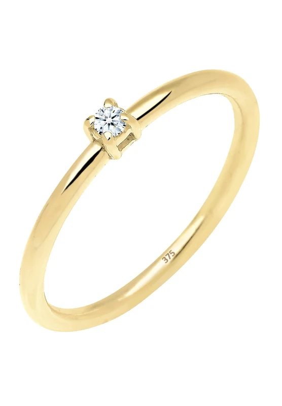 Elli Women Genuine Jewellery Ring Solitaire Ring Engagement Ring Glamor 375 Yellow Gold Diamond 0,03 Carat White Ring Sizes M N P Q