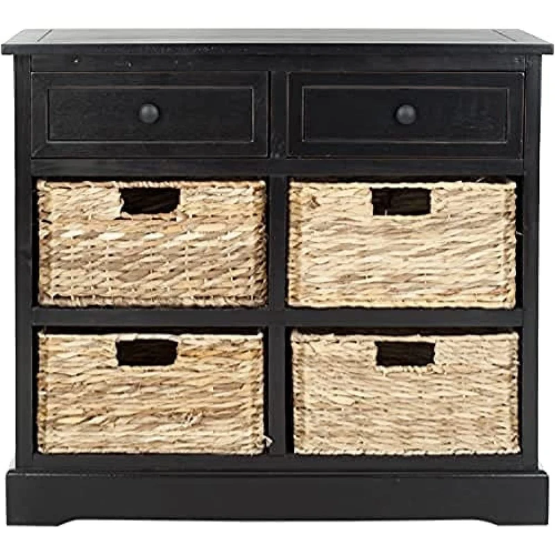SAFAVIEH Contemporary Wooden Storage Chest with 2 Drawers and 4 Baskets, in Distressed and Black, 35 X 75 X 70