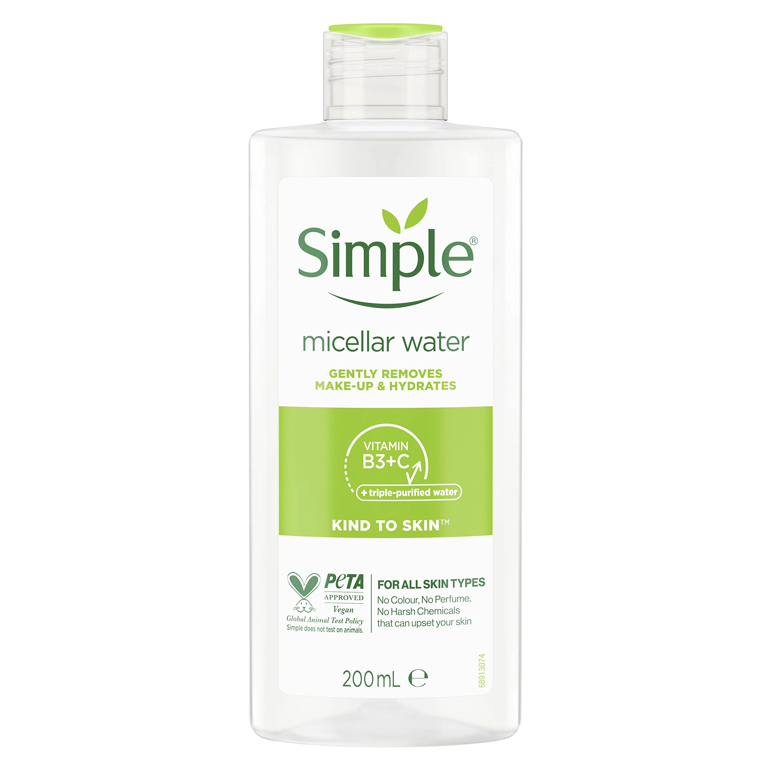 Simple Kind to Skin Cleansing Water Micellar 90% hydration boost facial cleanser and makeup remover, 200ml