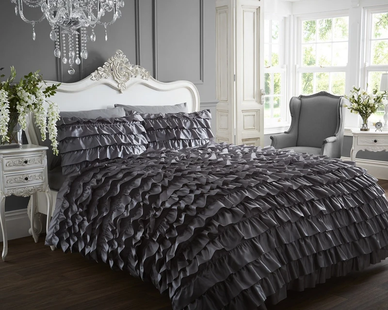 Flamenco Frilled Can New Quilt Duvet Cover and 2 Pillowcase Bed Set, Polyester-Cotton, Silver, Super-King - Image 1
