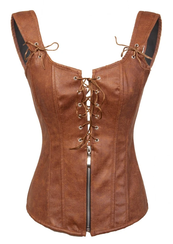 Bslingerie® Womens Black Faux Leather Straps Boned Corset with Zipper (UK 8-10 (S), Brown)