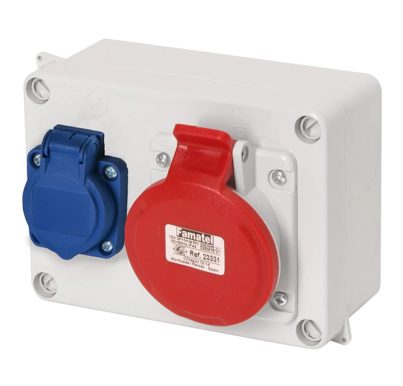 FAMATEL - IP44 Waterproof Box | 1 Socket 2P+TTL 16A | 250V | 1 Socket 3P+T 16A | 380V | Blue and Red - Image 1