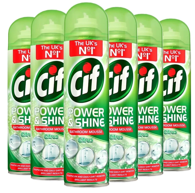 Cif Power & Shine Mousse Bathroom Cleaner Citrus Pack of 6, 500ml each - Limescale & Soap Scum Remover Spray for Bathroom, Shower, Tiles, Sink, Fast Acting Foaming Cleaning Spray