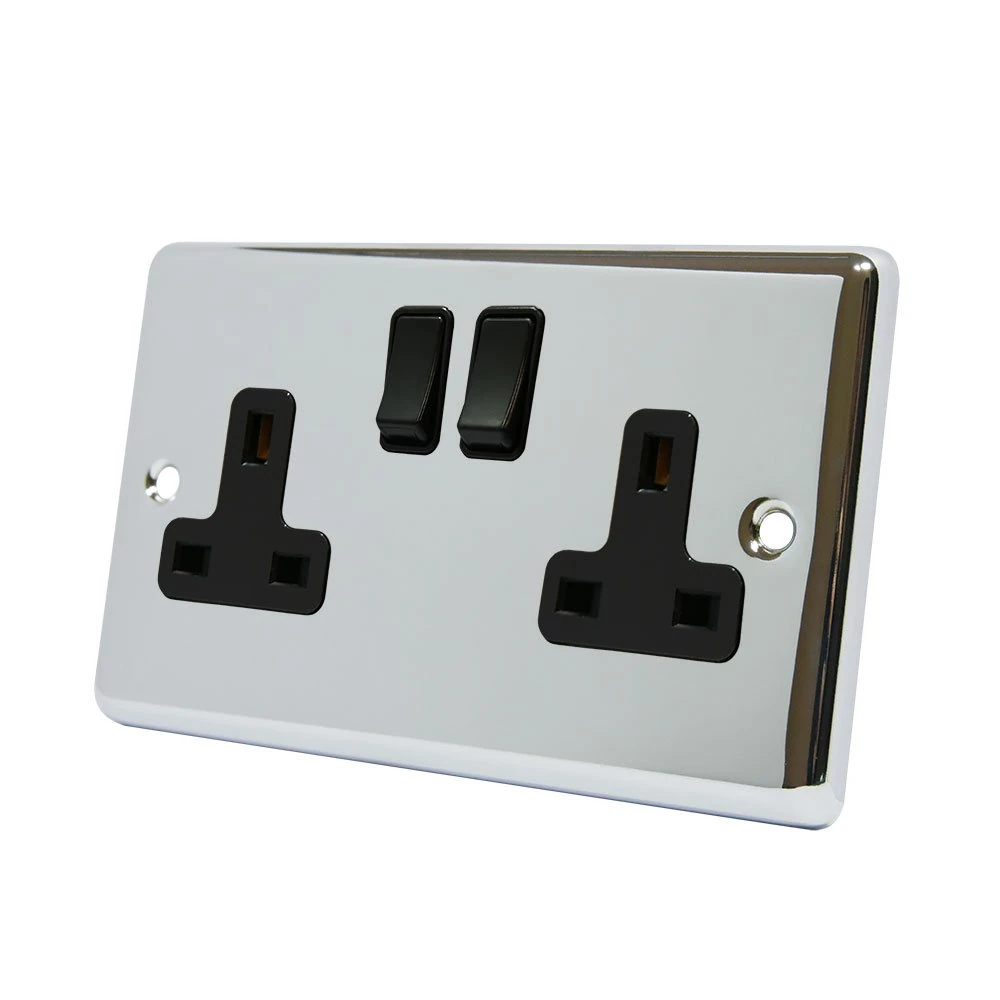 AET CPC2GSOCBL 13 A 2-Gang Polished Chrome Classical Double Plug Socket with Black Insert Plastic Rocker Switches