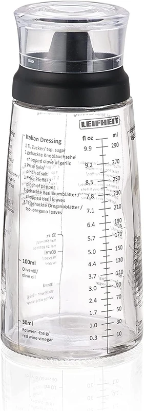 Leifheit Salad Dressing Shaker, 5 Imprinted Recipes, Glass Bottle, Non-Drip Spout, Dishwasher Safe, Black Transparent, 300 ml Measuring, Salad Dressing Pots, dressing maker