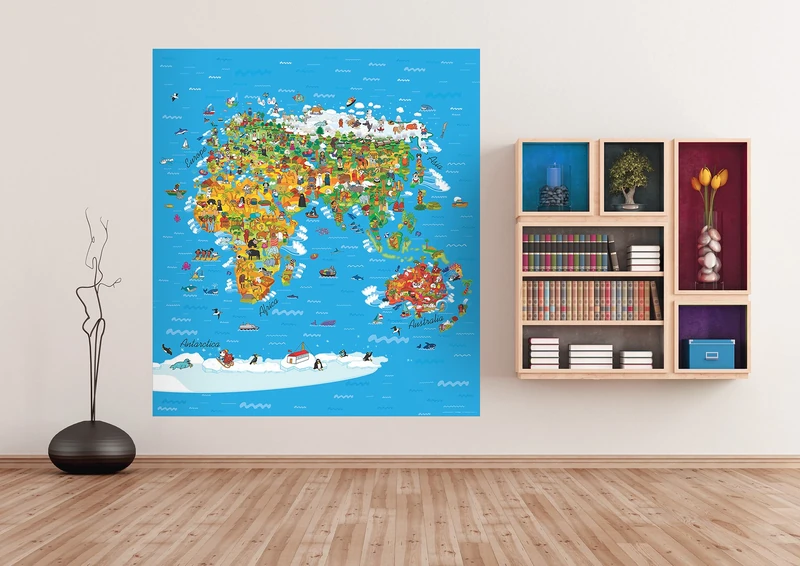 AG Design World Map For Kids 2 Part Photo Mural Wallpaper for Children's Room, Paper, Multi-Colour, 0.1 x 180 x 202 cm - Image 1