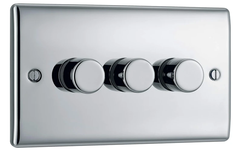 BG Electrical Intelligent Triple Wall Dimmer Switch, 2 Way, Raised Profile, Round Edges, Nexus Metal, Polished Chrome, 200W, NPC83