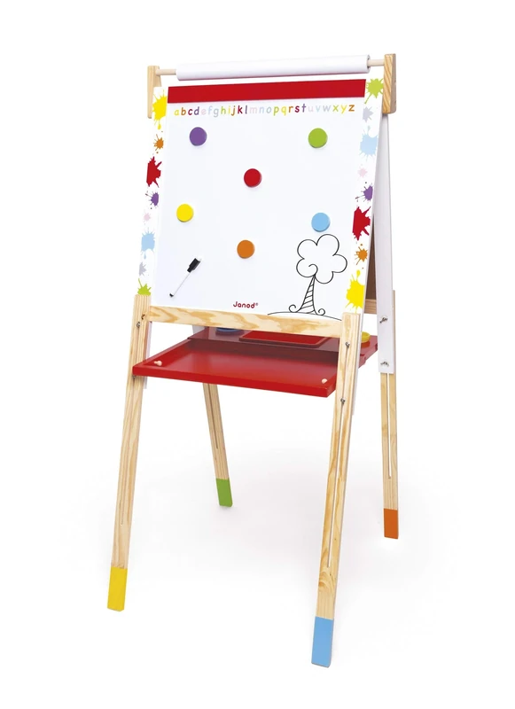 Janod Kids Wooden Double Sided Easel ‘Splash’ - Dynamic, Height Adjustable - Magnetic Whiteboard + Chalk Board - Including 13 Accessories - From 3 Years Old, J09611