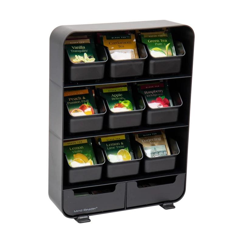 Mind Reader Anchor Collection, 11-Drawer Tea Bag Organizer, Removable Drawers, 10.25" L x 3.25" W x 13.75" H, Black