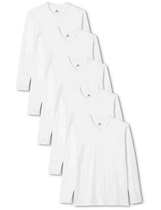Lower East Men's Multipack of 5: Long-sleeved V-Neck Shirt, White (Pack of 5), M