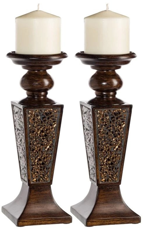 Creative Scents Schonwerk Pillar Candle Holder Set of 2- Crackled Mosaic Design- Functional Table Decorations- Centerpieces for Dining/Living Room- Best Wedding (Walnut)