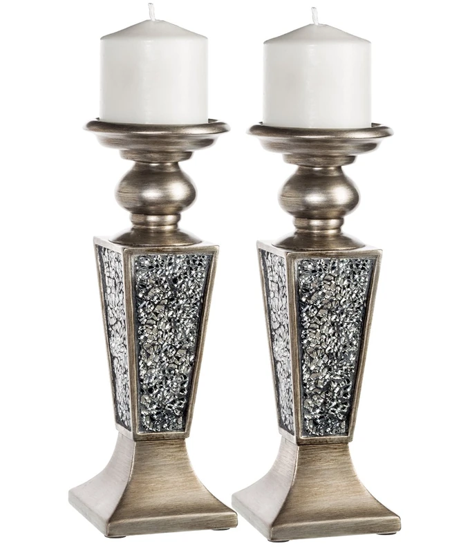 Creative Scents Schonwerk Pillar Candle Holder Set of 2- Crackled Mosaic Design- Functional Table Decorations- Centerpieces for Dining/Living Room- Best Wedding (Silver)