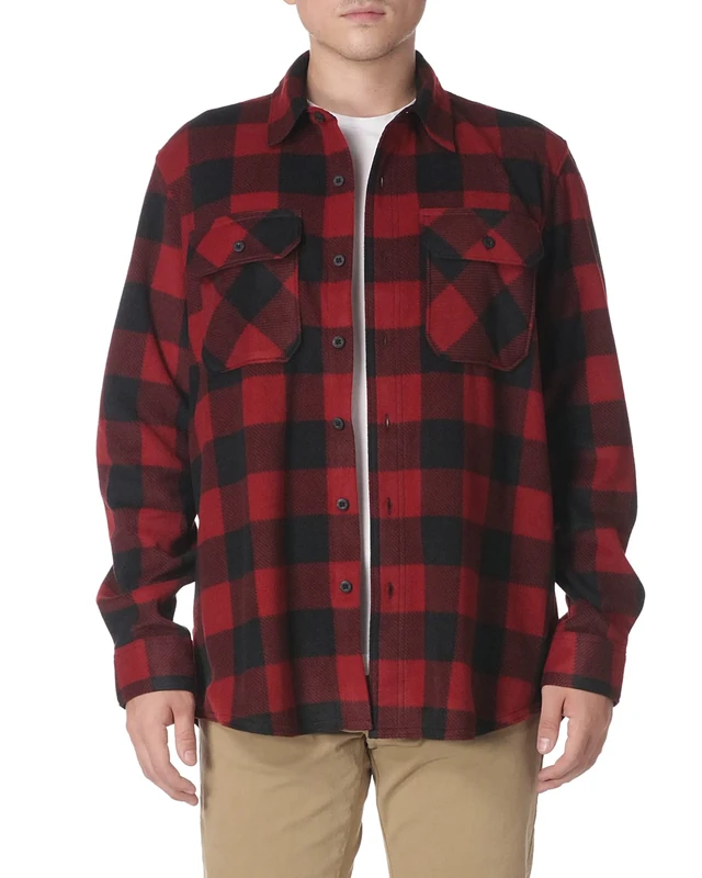 Wrangler Authentics Men's Long Sleeve Fleece Shirt Jacket Button, Red Buffalo Plaid, S