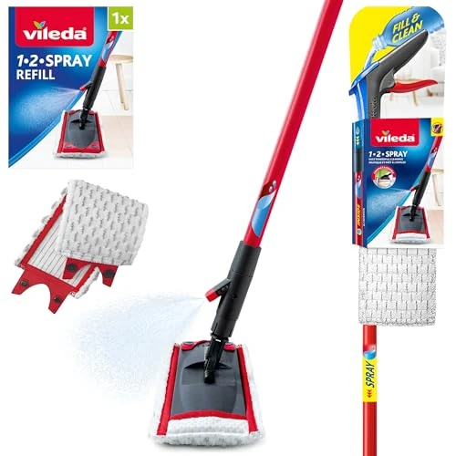 Vileda 1-2 Spray Mop, Microfibre Flat Floor Spray Mop with Extra Head Replacement, Set of 1x Mop and 1x Refill