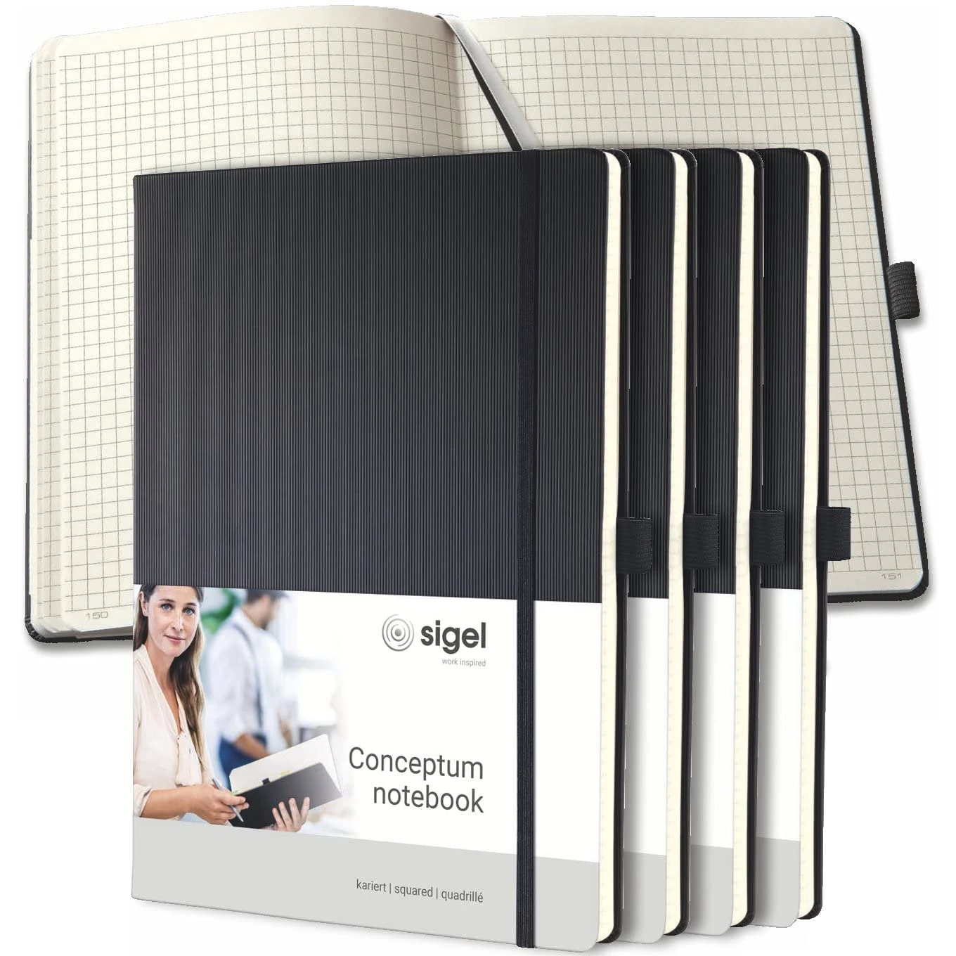 SIGEL CO111 Premium Notebook squaRed, A4, hardcover, Black, 5 Pieces - Conceptum