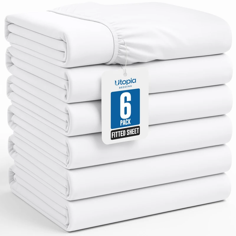 Fitted Sheet (Pack of 6, Full, White) Deep Pocket Brushed Velvety Microfiber, Breathable, Stain & Abrasion Resistant,Hotel Quality Extremely Durable By Utopia Bedding by Utopia Bedding