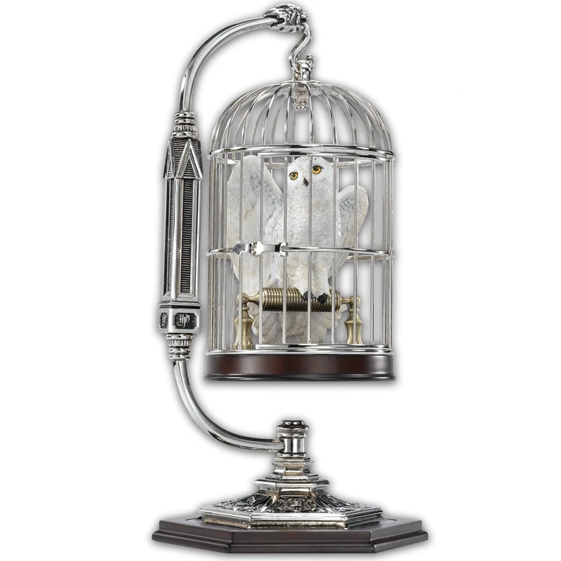 The Noble Collection Harry Potter Miniature Hedwig In Cage - Resin Snowy Owl Sculpture in Metal and Wood Pedestal Display - Officially Licensed Film Set Movie Props