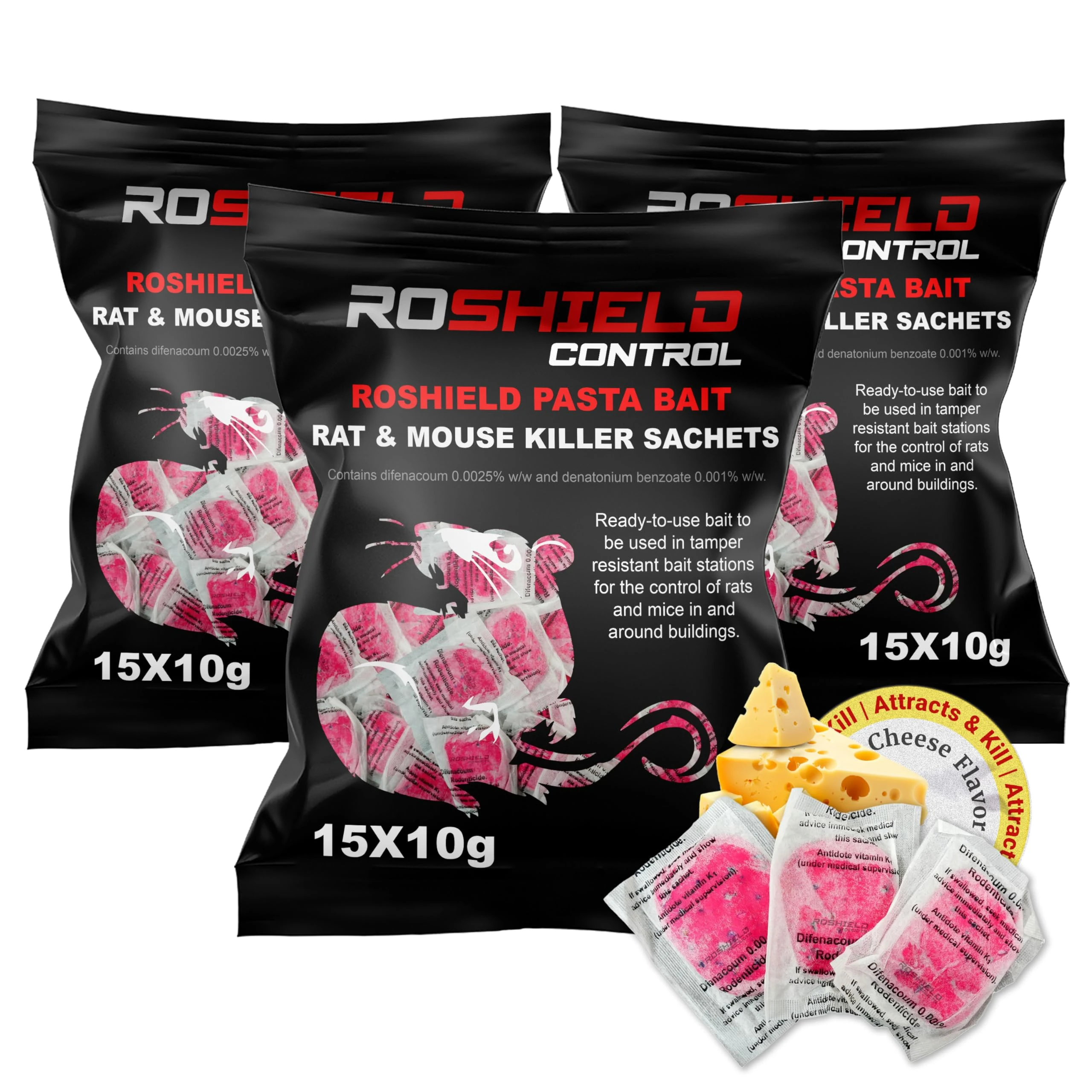 Roshield 45 Mouse Mice Rat Pasta Bait Killer Poison Control Sachet Kit- Fast Acting for Home & Garden Treatment (3 x 150g Pack)