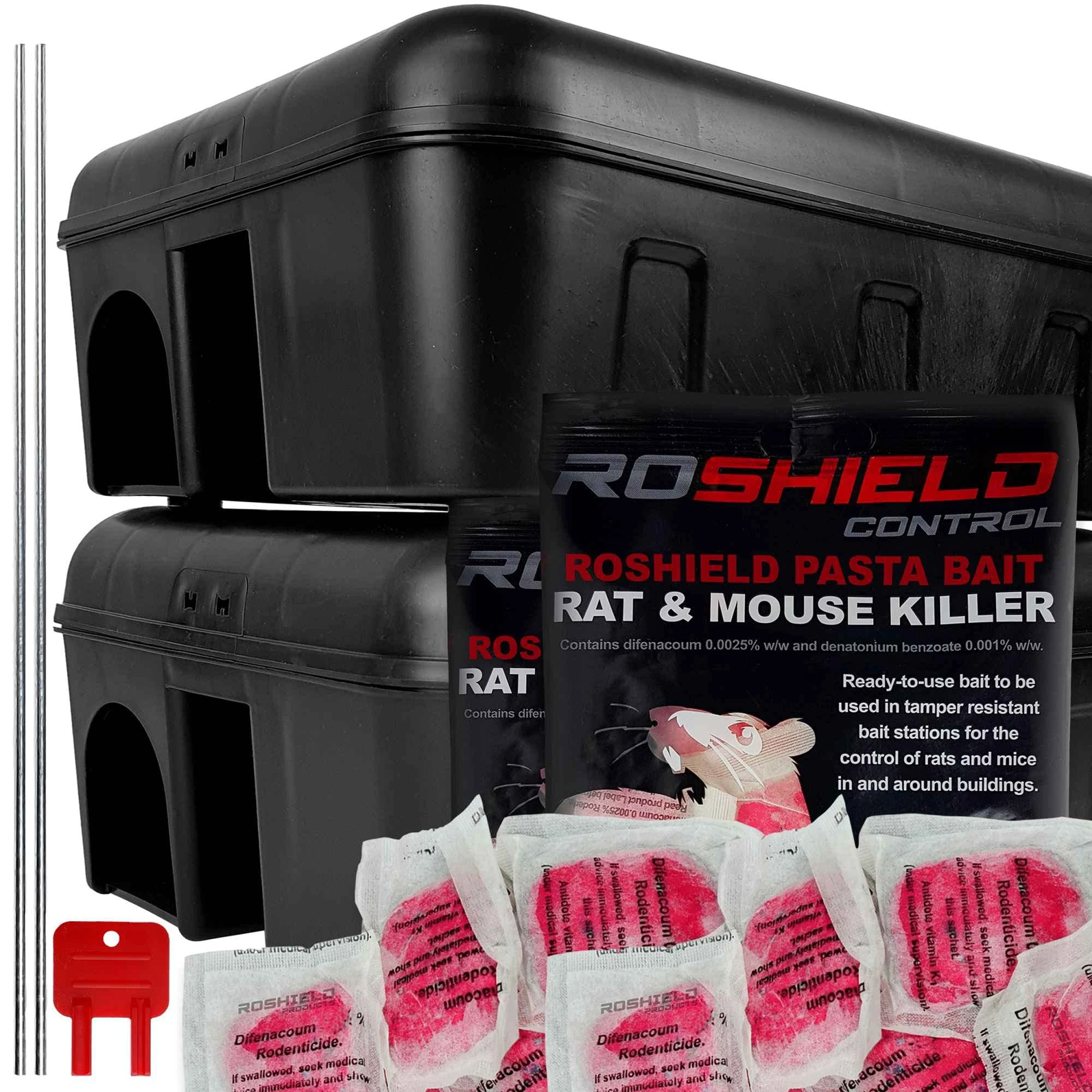 ROSHIELD External Rat & Mouse Rodent Bait Box Control Kit - 2 Tamper-Resistant Lockable Boxes & 300g Pasta Bait Poison Sachets (2 Packs of 150g)