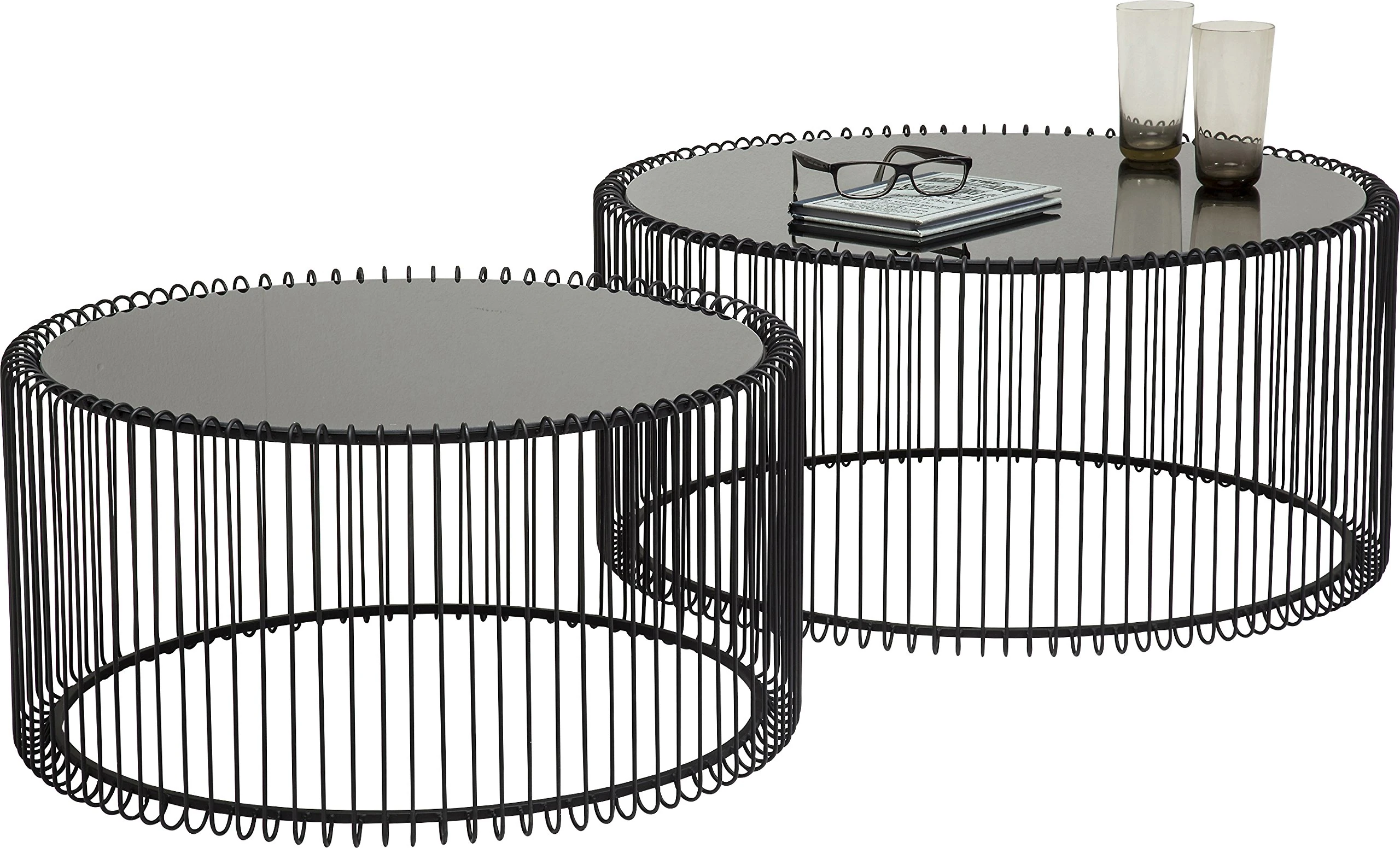 Kare Design Coffee Table Wire, Black, Set of 2, steel, glass table top, modern, round center table, sofa side table for living room, bedroom, office, 34x70cm, 31x60cm