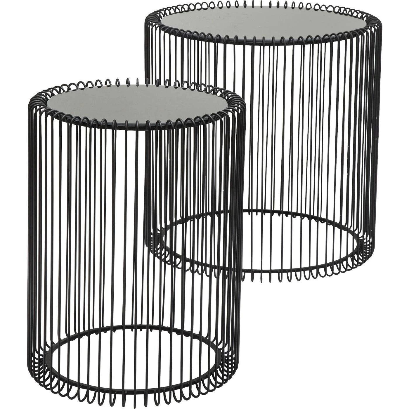 Kare Design Side Table Wire Black, Set of Two, Round, Diameter 44 cm, 33cm, Steel Rack, Safety Glass Tabletop, Modern Side Table for Living Room, Bedroom