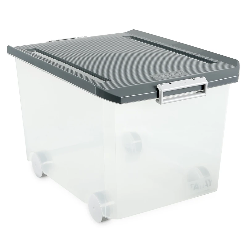 TATAY Multipurpose storage box with lid, 60L capacity, with wheels, BPA-free polypropylene plastic, transparent with grey lid. Sizes40x56,5x36,2 cm