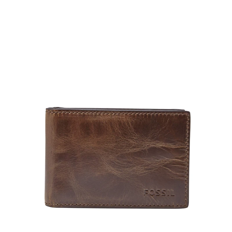 Fossil Men's Leather Money Clip Bifold Wallet, Dark Brown, One Size