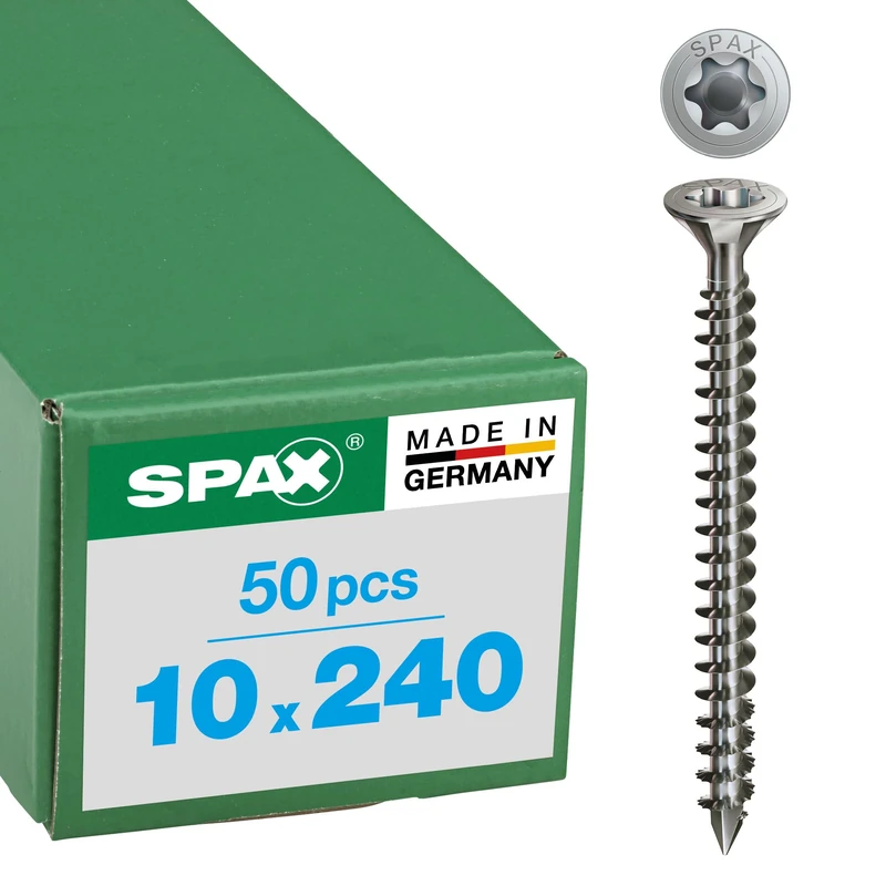 SPAX T-Star Plus 1208001002405 Wood Screws Stainless Steel A4 10.0 x 240 mm Pack of 50 Countersunk Head with Milling Ribs Fully Threaded Cut Tip