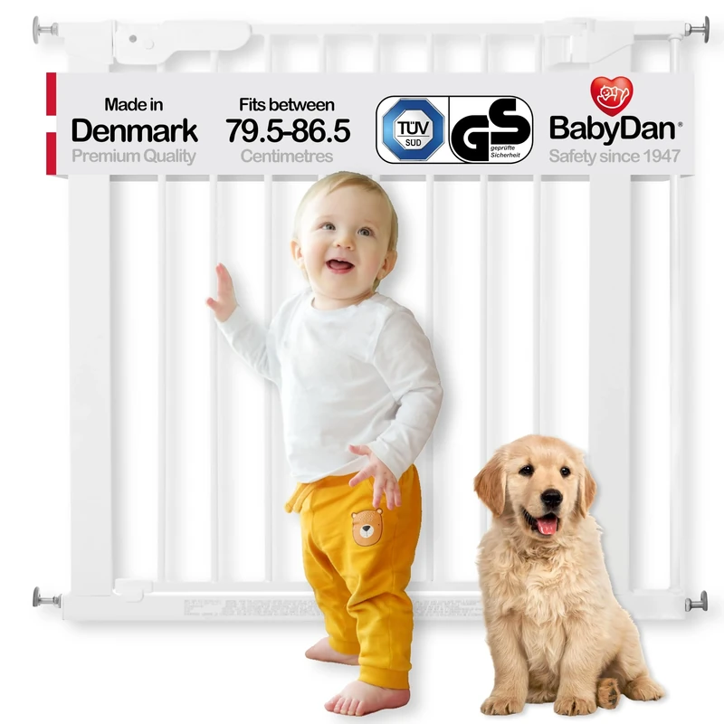 BabyDan Premier door grille / stair gate for clamping, 79,6 - 86,5 cm - made in Denmark and tested by the TÜV GS, color: white