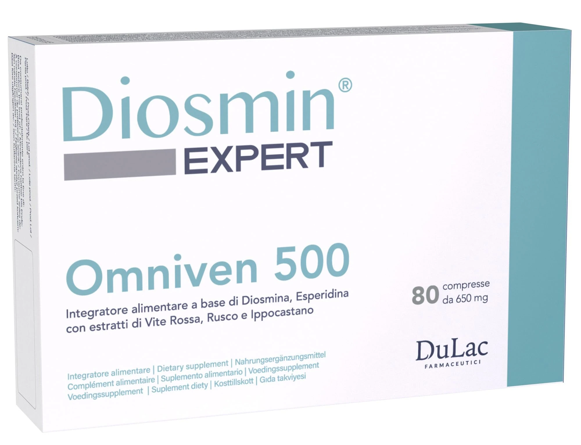 DuLàc, Diosmin Expert Omniven 500, Food Supplement with Diosmin, Hesperidin, Helpful for Heavy and Swollen Legs, Microcirculation and Fragile Capillaries, Made in Italy, 80 Tablets