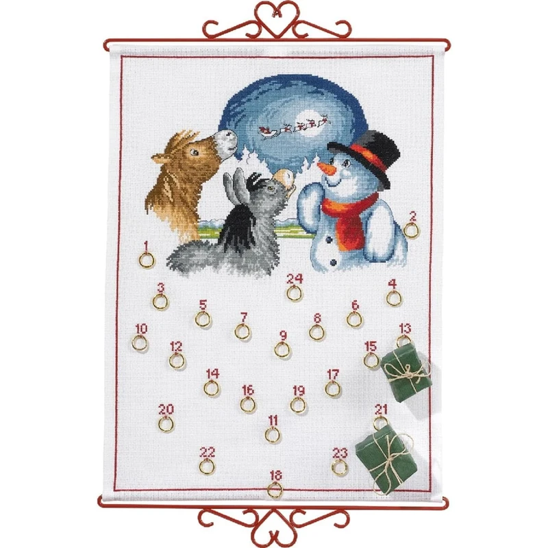 Eva Rosenstand Wall Hanging Cross Stitch Kit Advent Calendar, Snowman with Animals Counted Pattern, Multi-Colour