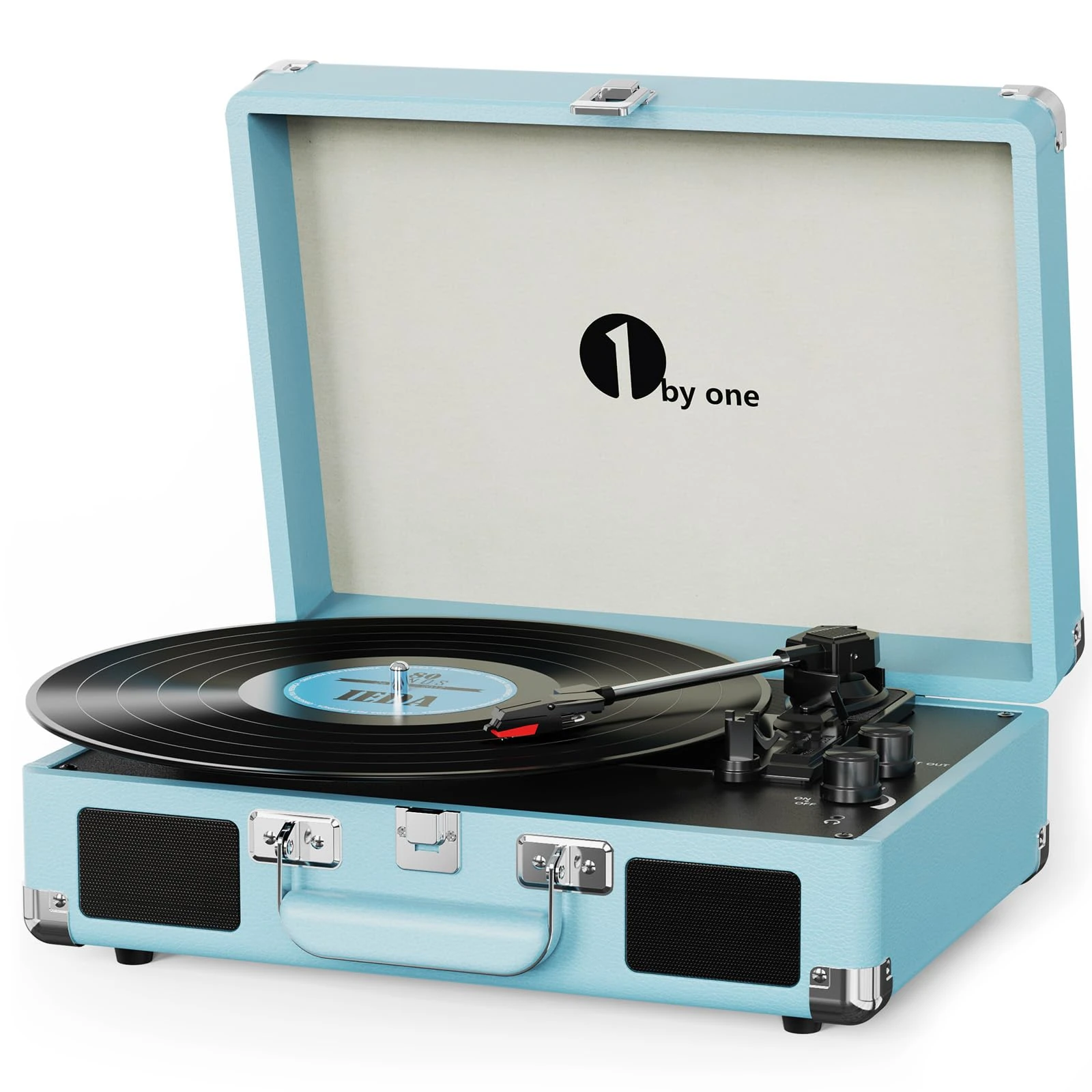 1 BY ONE Bluetooth Record Player Belt-Drive 3-Speed Portable Vinyl Turntable with Built in Speakers, Supports RCA Output, Headphone Jack, MP3, Mobile Phones Music Playback, Turquoise
