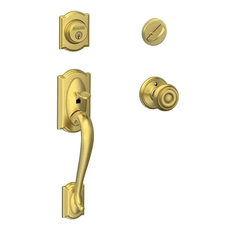 Schlage Camelot Single Cylinder Handleset and Georgian Knob, Satin Brass (F60 CAM 608 GEO)