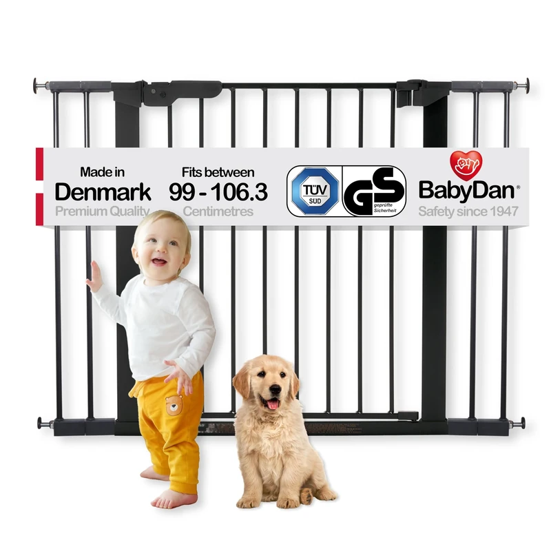 BabyDan Premier, Extra Wide Pressure Fit Stair Gate, 99-106.3 cm, Baby Gate/Safety Gate, Metal, Black, Made in Denmark - (Pet Gate/Dog gate)