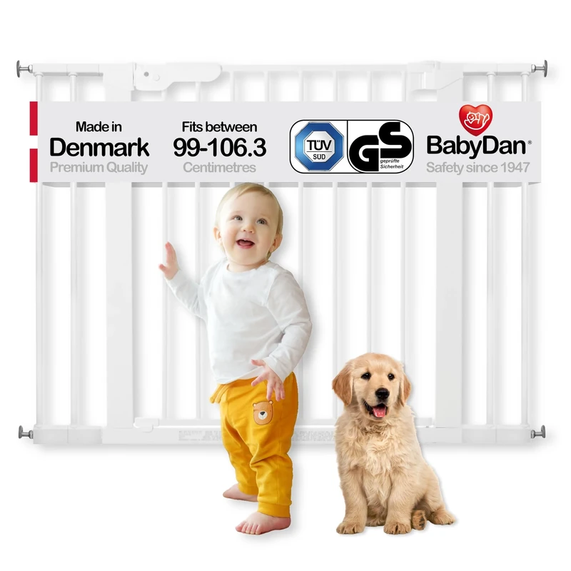 BabyDan Premier, Extra Wide Pressure Fit Stair Gate, 99-106.3 cm, Baby Gate/Safety Gate, Metal, White, Made in Denmark - (Pet Gate/Dog gate)