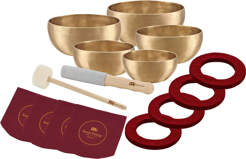 Sonic Energy Universal Singing Bowls - 5 Piece Singing Bowls Set for Meditation - Includes 5 Bowls, 2 Mallets, Fabric Covers, Felt Rings (SB-U-2950)