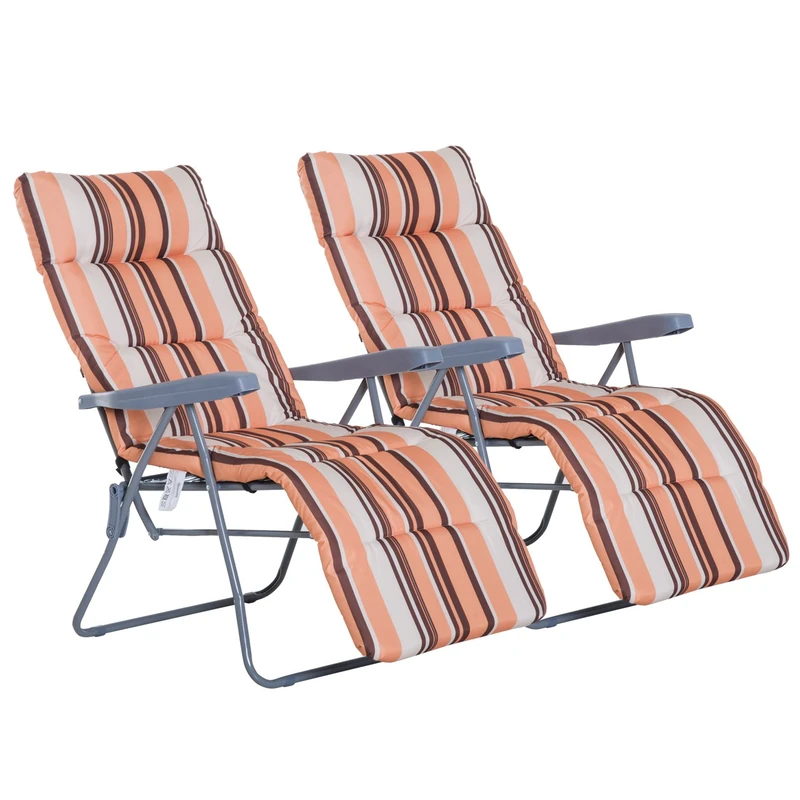 Outsunny Reclining Garden Chair Set of 2, 5-Level Adjustable Zero Gravity Chairs with Cushions, Folding Sun Lounger Garden Recliner Chairs with Armrests for Outdoor, Patio, Orange Stripe