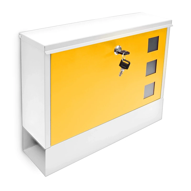Relaxdays Modern Two Coloured Mailbox Letterbox Lockable with Two Keys and Newspaper Slot, White-Yellow