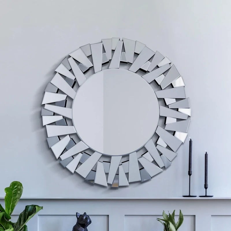 Modern Unique Multi Facet Sunburst All Glass Venetian Round Wall Mirror