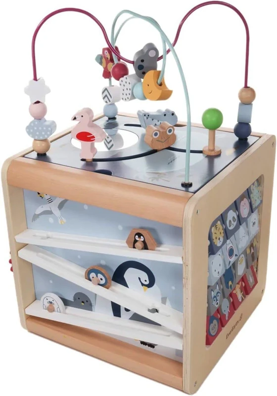 EverEarth Wild Animals Motor Skills Cube Made of Sustainable Wood - Educational Toy with Motor Skills Bow and Animal Motifs - Child-friendly Activity Centre with Harmless Watercolours - Play Cube