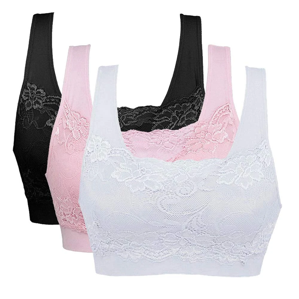 Vertvie Women Lace Sports Bra 3PCS Wireless Seamless Push Up Bra Support Crop Top with Removable Pads Lounge Bra for Yoga Fitness Running Exercise(A- Black+ White+ Pink,L)