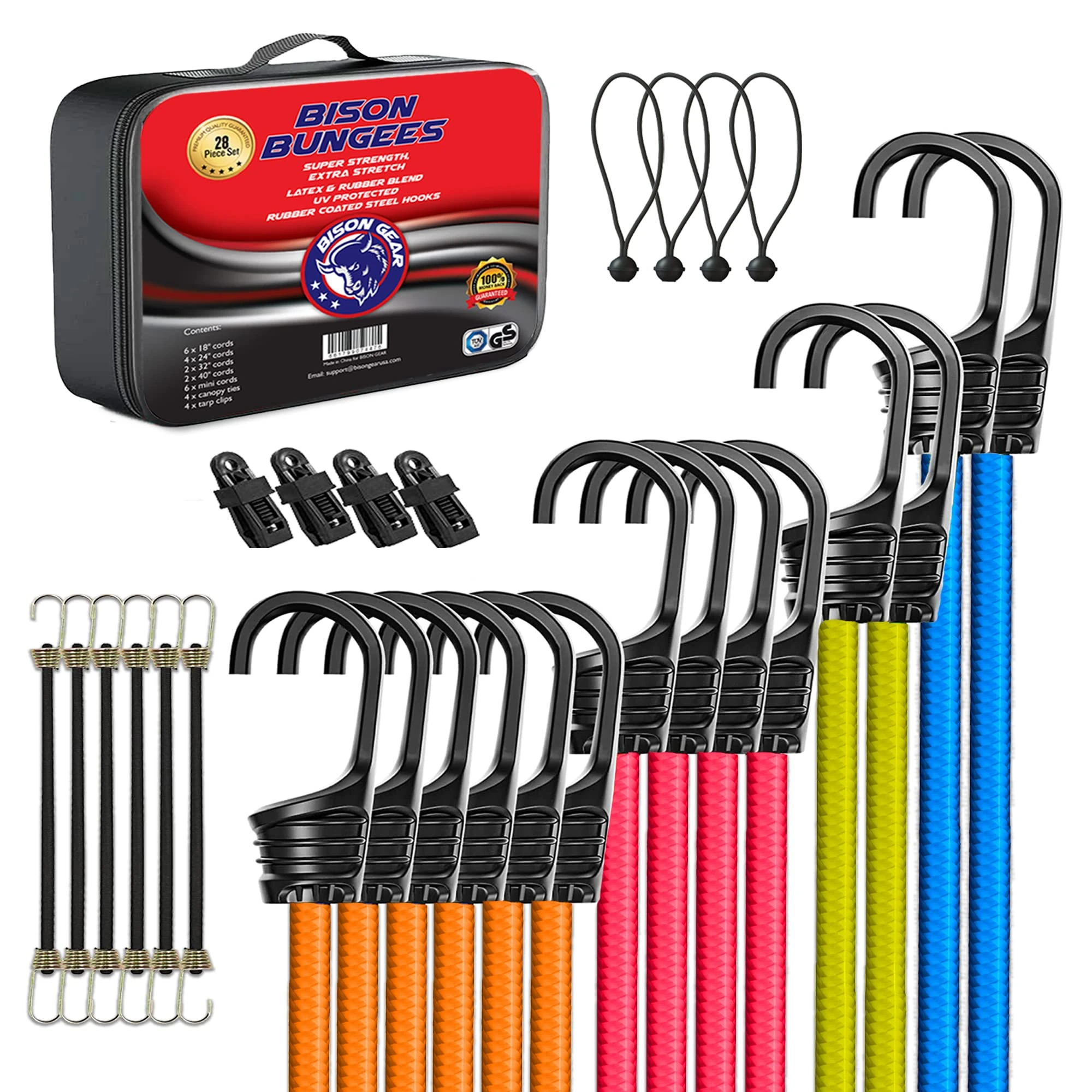 Bison Gear Premium Bungee Cords with Hooks - UV Resistant Heavy Duty Cords with Non-Scratch Hooks, Including Mini Cords, Tarp Clips and Bungee Ties, Multi Use (28 Piece Set)