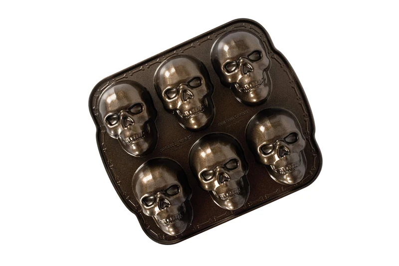 Nordic Ware Skull Cakelet Pan, 3D Cast Aluminium Bundt Tin, Bundt Cake Tin with Skull Pattern, Cake Mould, Bronze