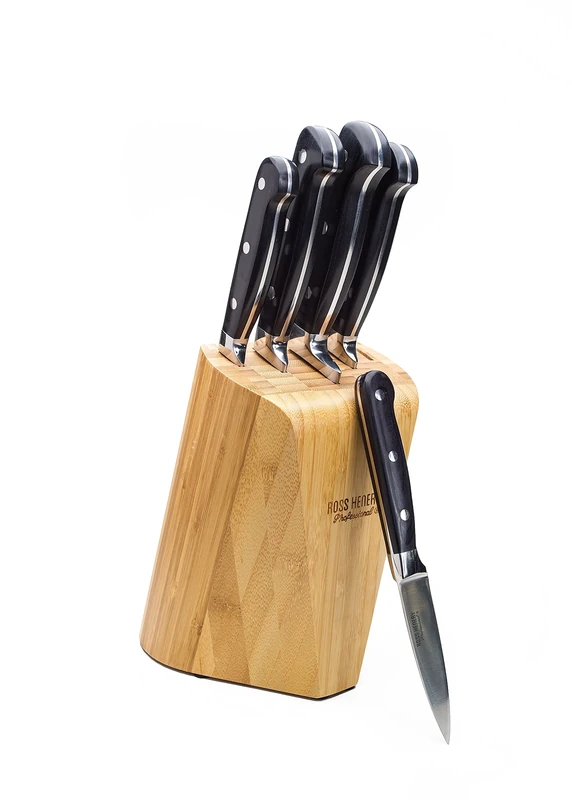 Ross Henery Professional 5 Piece Stainless Steel Full Tang Kitchen Knife Set in Super Stylish Solid Bamboo Wooden Block