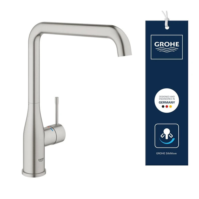 GROHE Essence Kitchen Mixer Tap (High L-Spout 300 mm, 28 mm Ceramic Cartridge, Adjustable Swivel Area 360°, 3/8 Inch Tails), Supersteel, 30269DC0